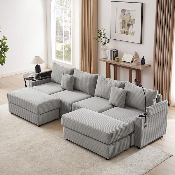 aisword 123.2 in. Corduroy Modular Sectional Sofa in Grey with 2 Ottomans, 2 USB Ports, 2 Cup Holders, A Phone Holder
