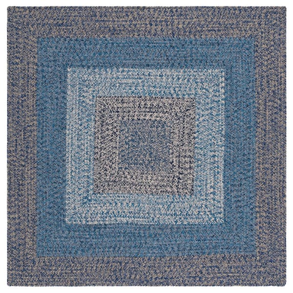 Braided Navy/Blue 3 ft. x 3 ft. Machine Washable Solid Striped Border Square Area Rug