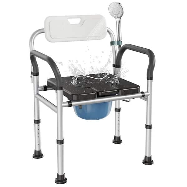 Bedside Commode Chair with Bucket, Adjustable Height, Raised Toilet Seat with Arms Handles and Back Support for Elderly