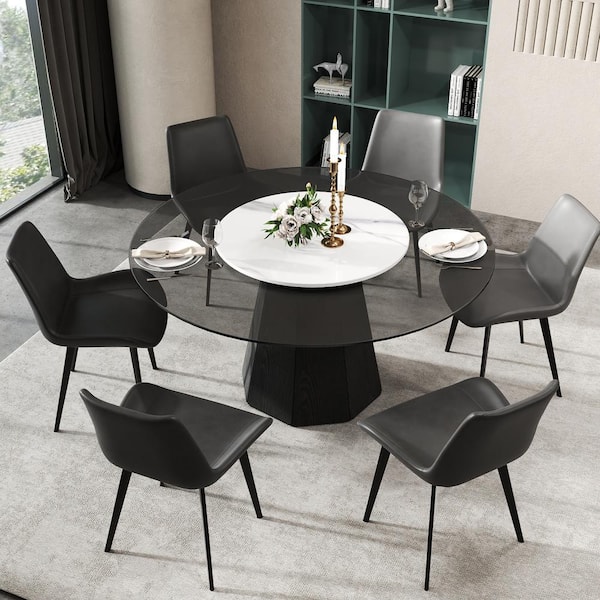 J&E Home Round Black Glass With Lazy Turntable 59.05 in. Pedestal Dining Table with Wood Base Seats 8