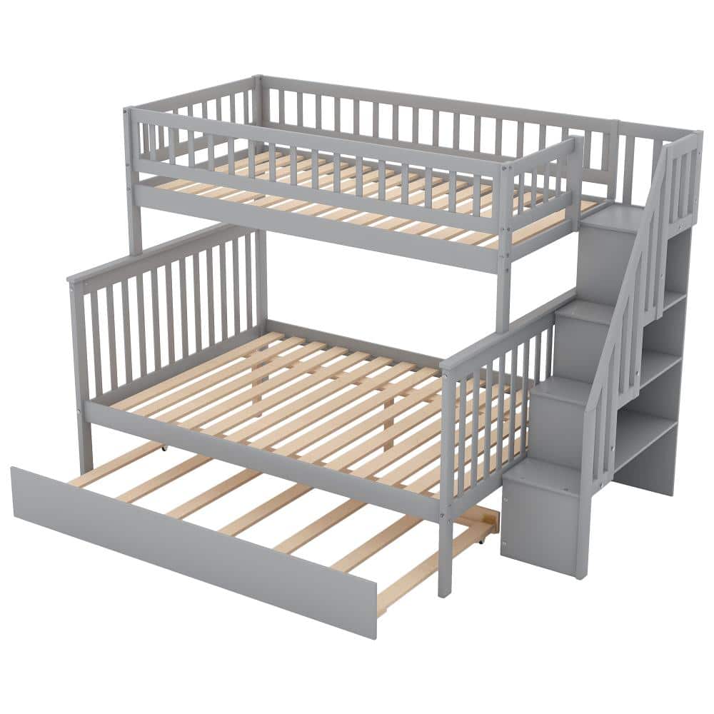 Nestfair Gray Wood Twin over Full Bunk Bed with Trundle and Staircase ...