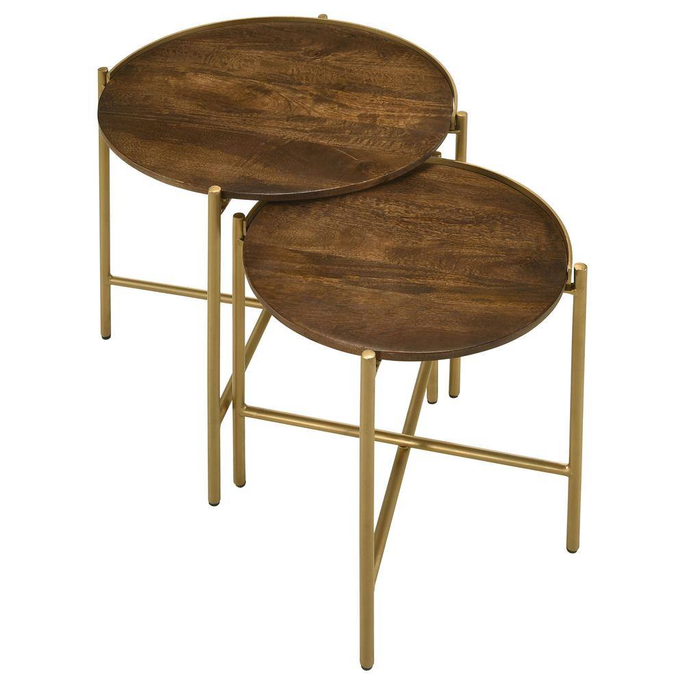 Round Dark Brown and Gold Wood Metal Nesting Tables