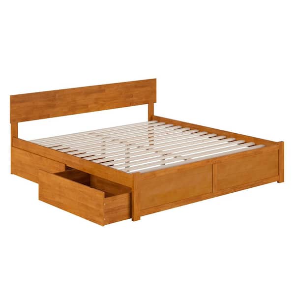 Orlando Light Toffee Natural Bronze Solid Wood Frame King Platform Bed with Footboard and Storage Drawers