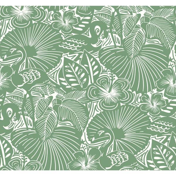 A-Street Prints Idalia Green Floral Flamingo Wallpaper Sample