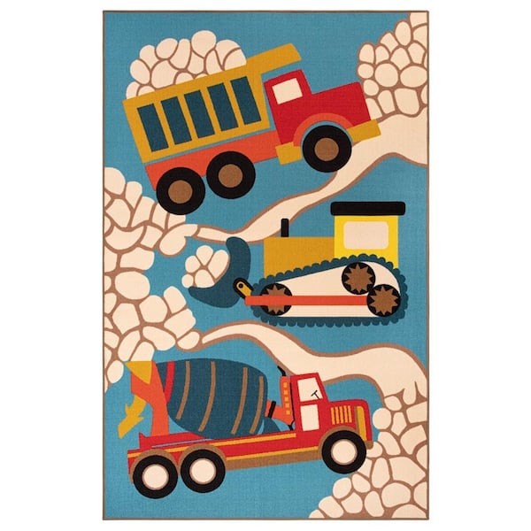 Construction Zone Blue 5 ft. x 8 ft. Graphic, Trucks Nylon Area Rug