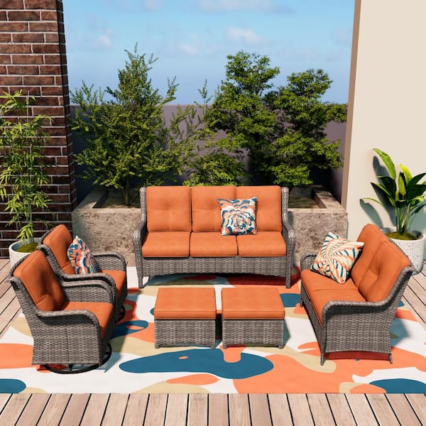 MeetLeisure Patio Furniture Set 6-piece Outdoor Patio Conversation Set with Orange Cushions Lawn Furniture