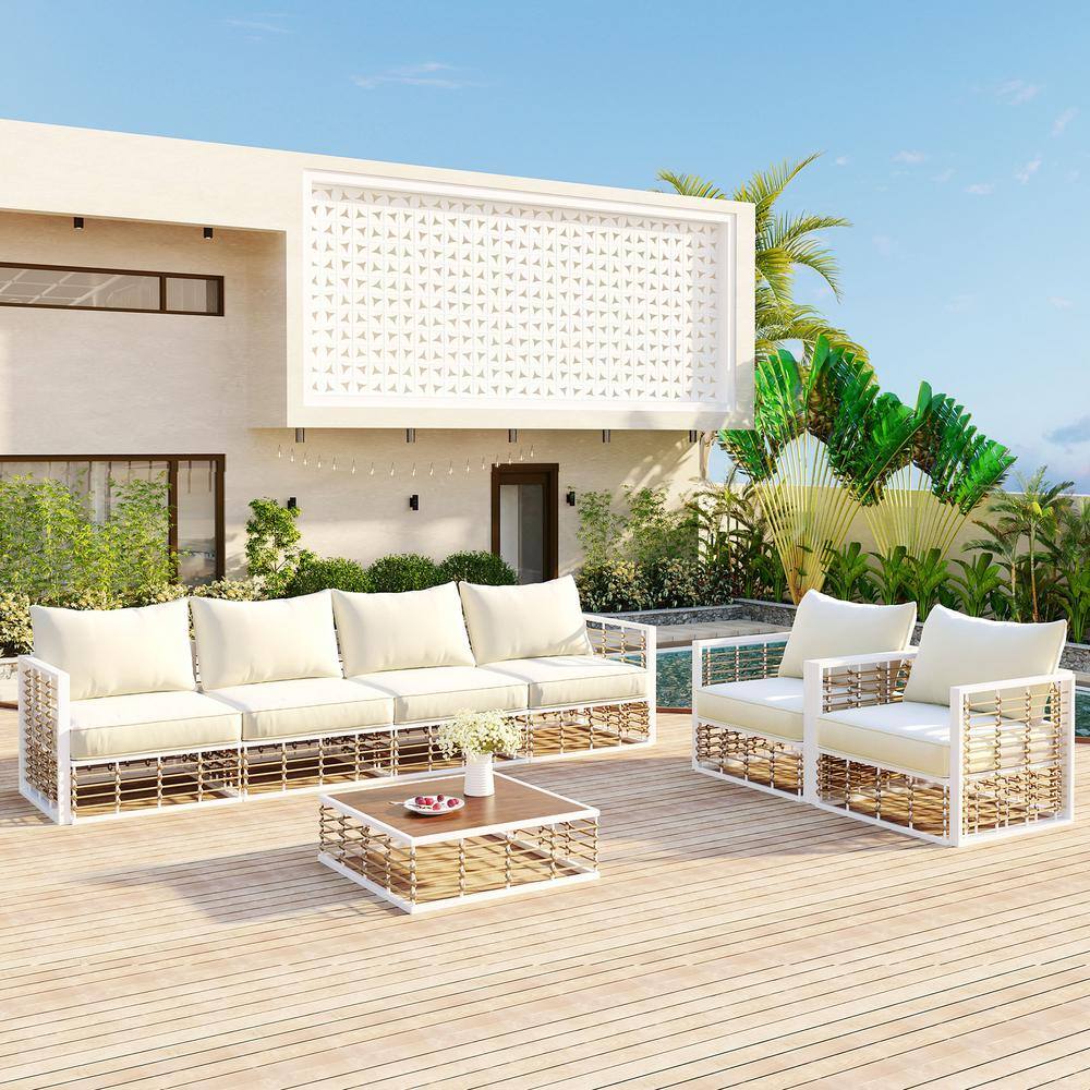 Modern 7-Piece White Metal Patio Conversation Set with Ivory Cushions and Coffee Table price history on PriceWatchPro