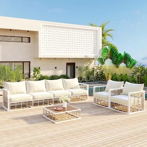 Modern 7-Piece White Metal Patio Conversation Set with Ivory Cushions and Coffee Table