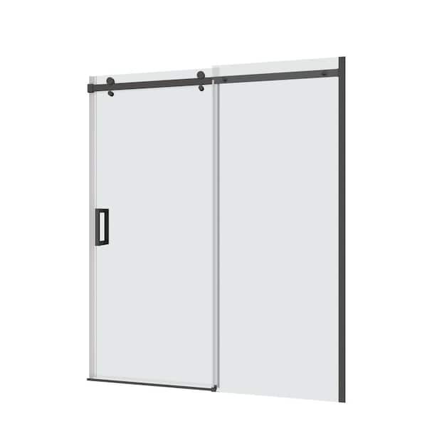 VANITYFUS 60 in. W x 74 in. H Single Sliding Frameless Shower Door in Matte Black with Smooth Sliding and 5/16 in. 8 mm Glass