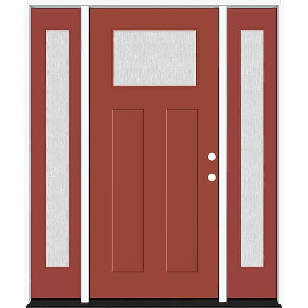 Steves & Sons Legacy 68 in. x 80 in. 1/4 Toplite Rain Glass LHIS Primed MoroccoRed Finish Fiberglass Prehung Front Door w/Dbl 14 in.SL