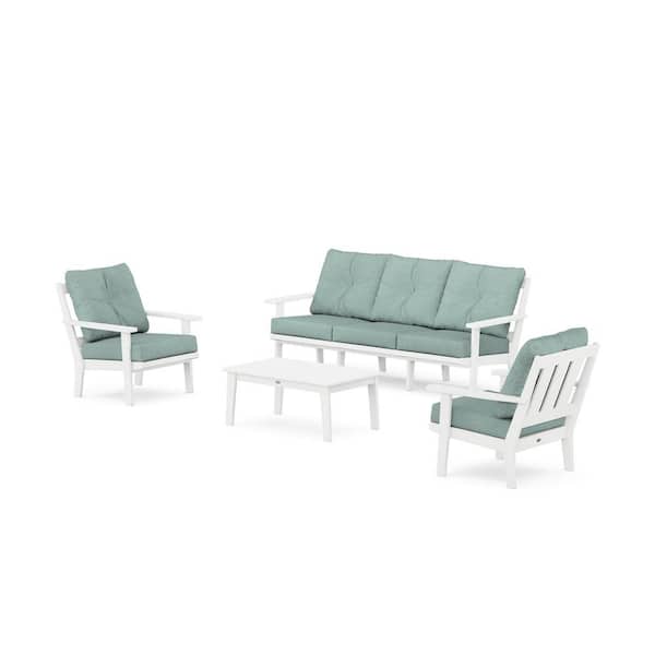 POLYWOOD Oxford 4-Pcs Plastic Patio Conversation Set with Sofa in White/Glacier Spa Cushions