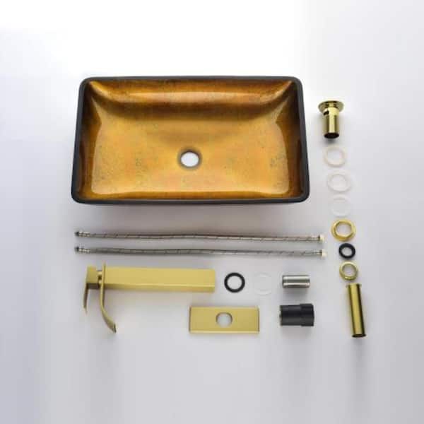 Aoibox 22 in . Corner Bathroom Sink in Yellow Gold Glass Rectangle Vessel Bathroom Sink with Faucet and Pop-Up Drain