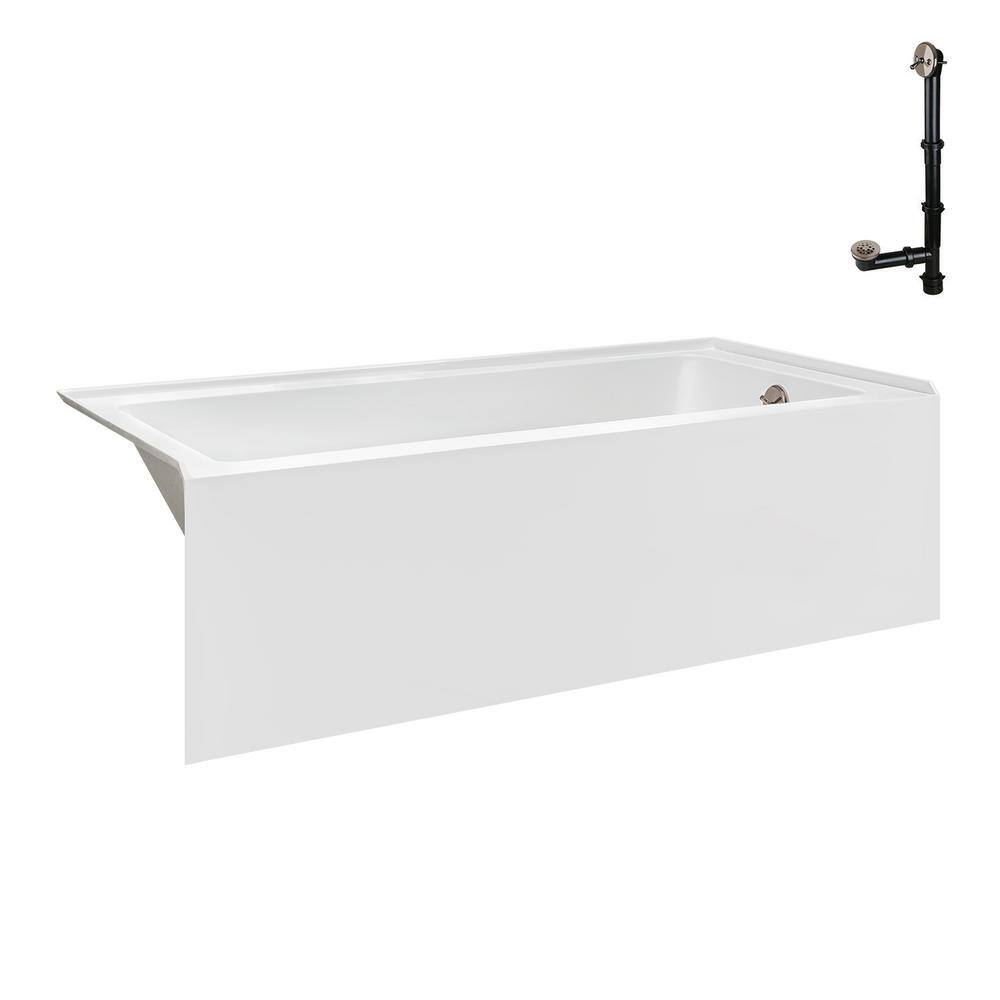 Glossy White Acrylic Right-Hand Drain Alcove Bathtub with Brushed Nickel External Drain