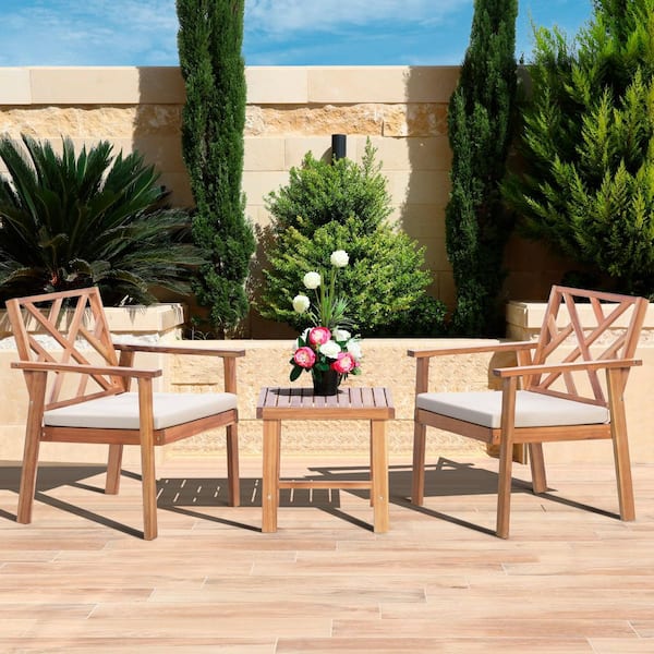 Brown 3-Piece Acacia Wood Patio Furniture Set with Light Gray Cushions