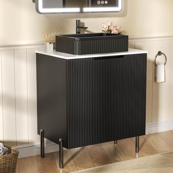 30 in. W Freestanding Black Bathroom Vanity with White Sintered Stone Top and Vessel Ceramic Sink