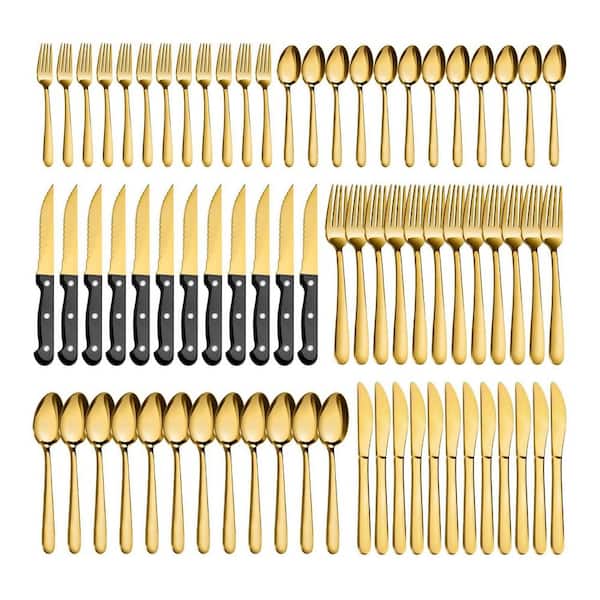 7.4 in. Full Tang 72 Pcs Stainless Steel Gold Silverware Set with Steak Knives, Forks, Spoons, Knives, Dishwasher Safe