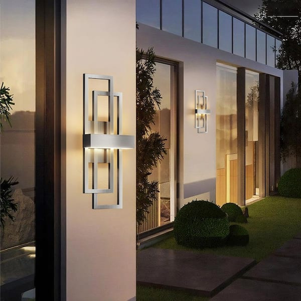 20 in. 2-Light Nickel Modern Dimmable LED Outdoor Metal Exterior Front Porch Wall Lights Sconces Lighting Fixtures