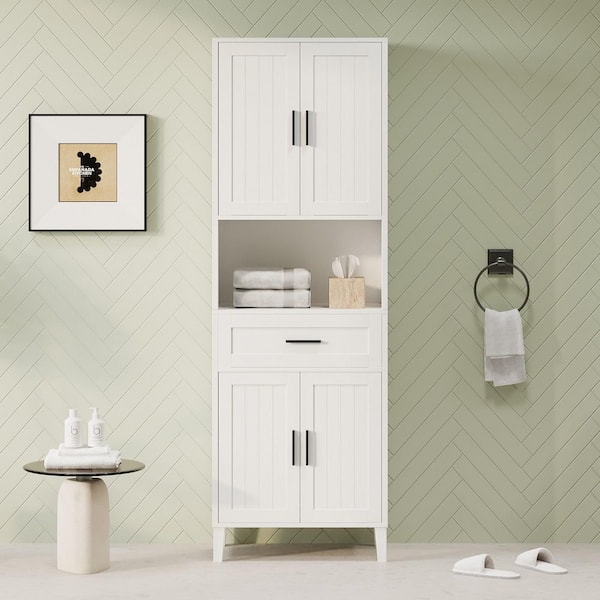 23.60 in. W x 13.80 in. D x 70.90 in. H White Tall MDF Freestanding Linen Cabinet with Adjustable Shelves in White