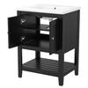Front view of the black freestanding bathroom vanity with a white sink.