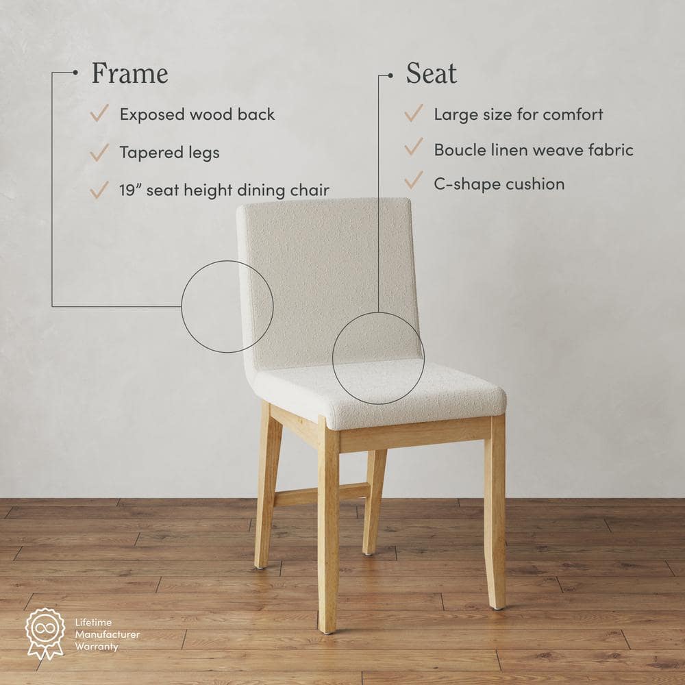Cream Boucle Upholstered Side Chair with Warm Pine Frame