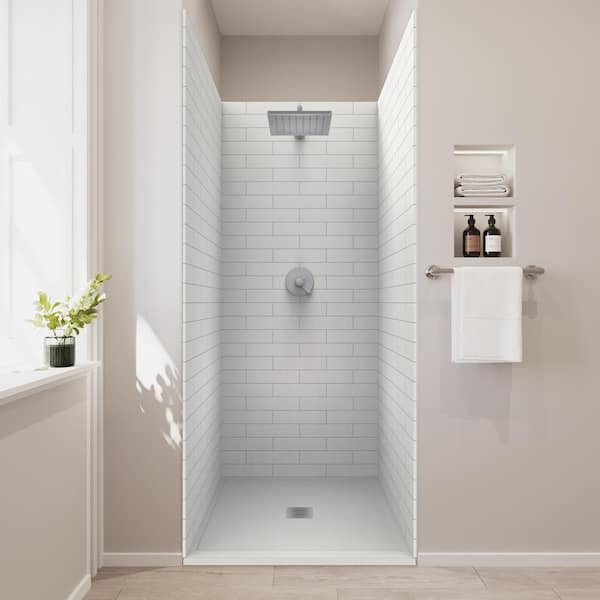 CASTICO 36 in. x 36 in. x 84 in. Solid Composite Stone Shower Kit - Subway Shower Walls and Cntr WH Sand Shower Pan Base