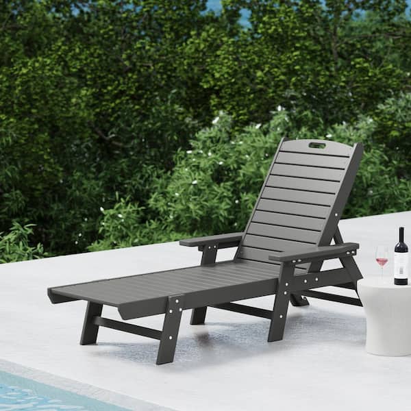 Harlo Gray HDPE All Weather Fade Proof Plastic Reclining Adjustable Backrest Outdoor Patio Chaise Lounge Armchair