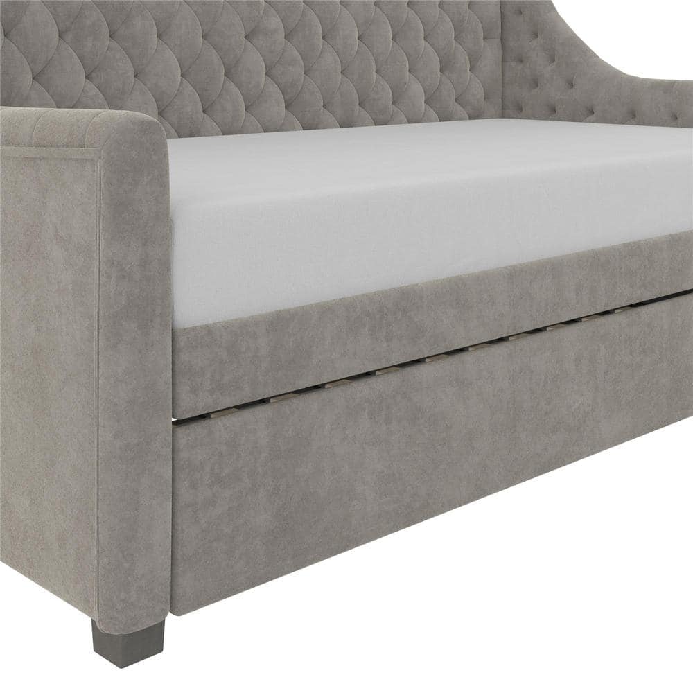 Light Gray Velvet Twin Daybed with Trundle and Tufted Upholstery