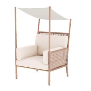 Wicker Outdoor Lounge Chair with Canopy and Beige Cushions