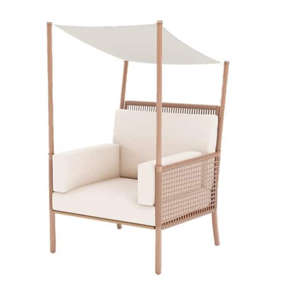 LAUSAINT HOME Wicker Outdoor Lounge Chair with Canopy and Beige Cushions