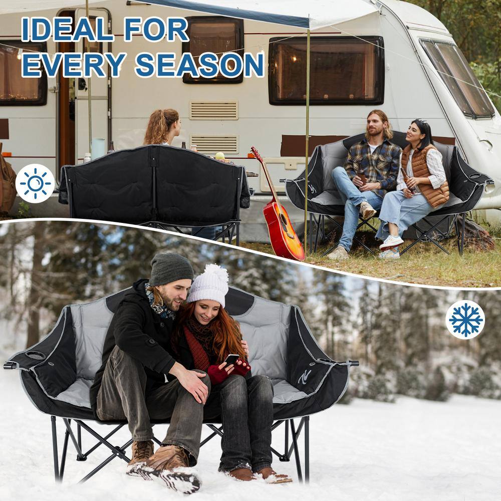 XXXL Heated Double Black Gray Steel Camping Chair with Cushions