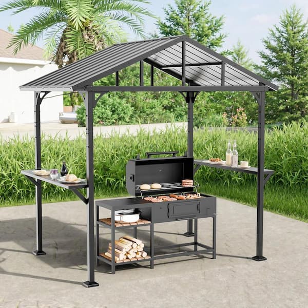 5 ft. x 8 ft. Outdoor BBQ Grey Grill Gazebo with 2-Side Shelves Sloping Galvanized Hardtop Roof, All-Weather, Patio Yard