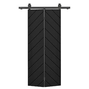 Herringbone 20 in. x 80 in. Hollow Core Black Painted MDF Composite Bi-Fold Barn Door with Sliding Hardware Kit