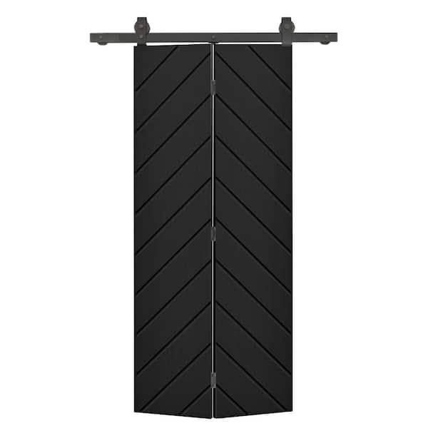 CALHOME Herringbone 26 in. x 80 in. Hollow Core Black Painted MDF Composite Bi-Fold Barn Door with Sliding Hardware Kit