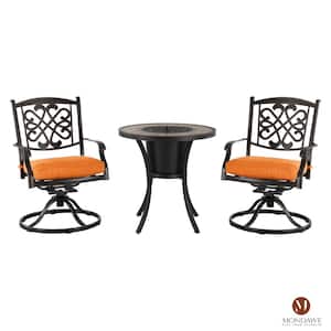 3-Piece Cast Aluminum Outdoor Bistro Set with Orange Cushions & Ceramic Tile Top Table with Ice Bucket