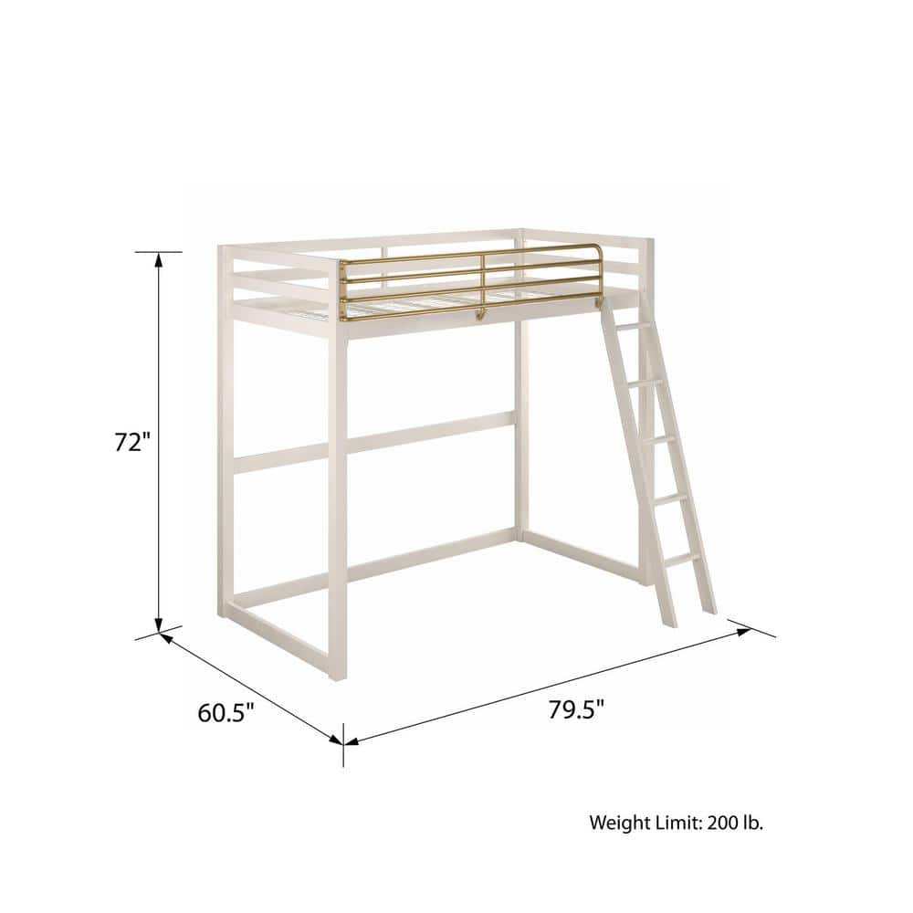 White and Gold Twin Metal Loft Bed with Headboard