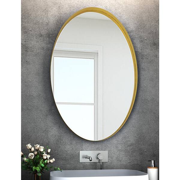 18 In W X 28 H Oval Metal Gold Edge Framed Rust Free Wall Mounted Bathroom Vanity Mirror For Washroom Aybszhd062 The Home Depot Oval Metal Gold Edge Framed Rust Free, Round Bathroom Mirror Metal Frame 70cm