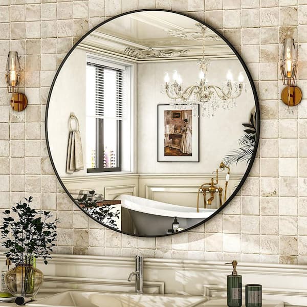 24 in. W x 24 in. H Round Black Vanity Mirror with Brushed Aluminum Alloy Frame Modern Decoration Wall Mirror