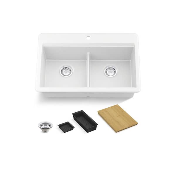 Lassen 33 in. Drop-in Double Bowl Granite Composite Kitchen Workstation Sink in Matte White with Accessories