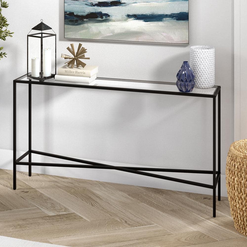 55" Blackened Bronze Metal and Glass Console Table