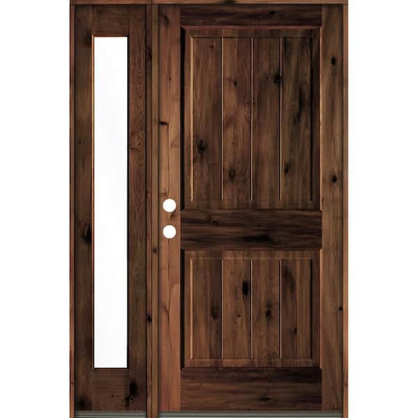 Krosswood Doors 56 in. x 80 in. Rustic Knotty Alder Right-Hand/Inswing Clear Glass Red Mahogany Stain Wood Prehung Front Door w/Sidelite