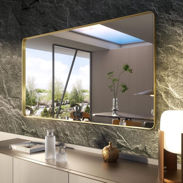 72 in. W x 40 in. H Rounded Rectangle Framed Wall Bathroom Vanity Mirror in Brushed Gold