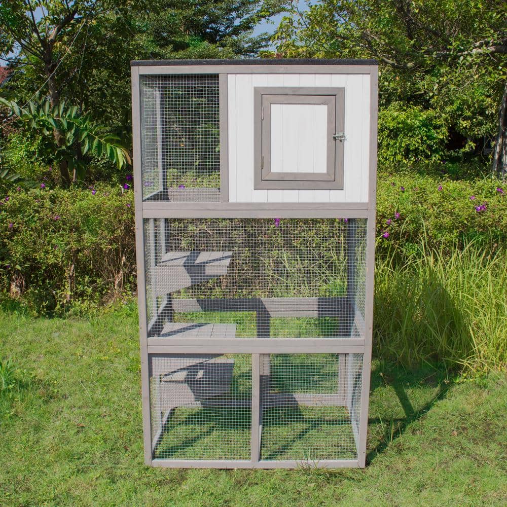 Gray and White Wooden Outdoor Cat House with Climbing Platforms