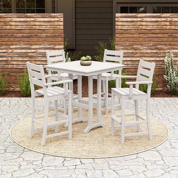 POLYWOOD Grant Park White 5-Piece HDPE Plastic Arm Chair Farmhouse Trestle Bar Set