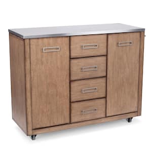 Big Sir Brown Oak Kitchen Cart with Stainless Steel Top