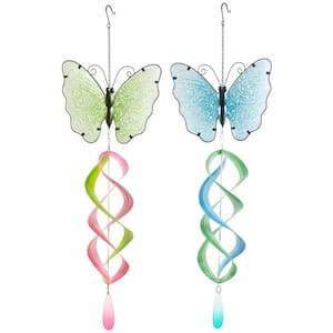 32 in. Extra Large Multi Colored Metal Butterfly Swirl Wind Spinner Windchime with Dangling Charms (2-Pack)