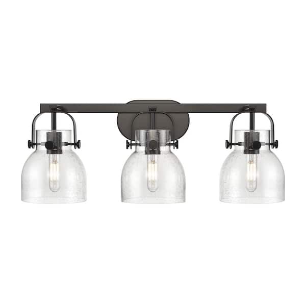 Innovations Pilaster II Bell 26.5 in. 3-Light Matte Black Vanity Light with Glass Shade