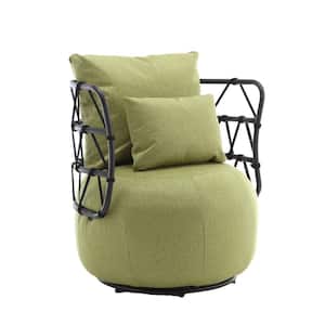 Modern Olive Green Linen Upholstered Swivel Barrel Accent Arm Chair with Unique Design Metal Bracket