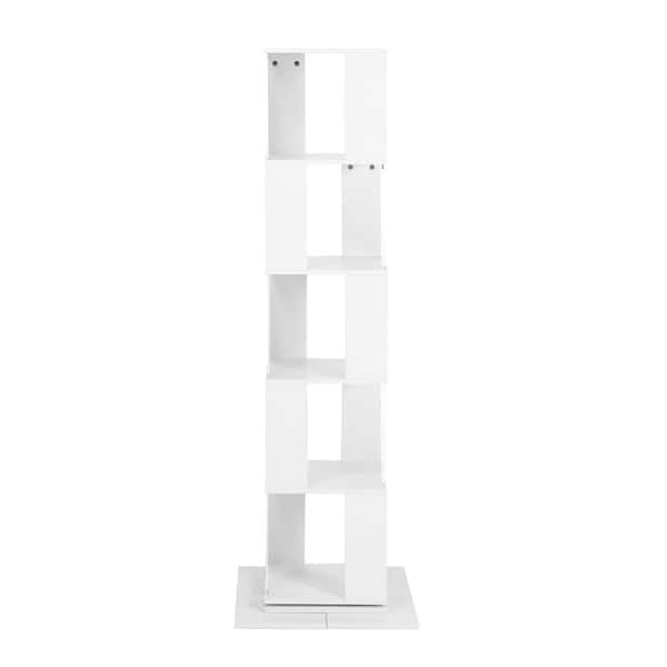 CSC DECOR INC 360 Spinning Bookshelf Tower 63 in. Tall White Wood 5 Tiers Rotating Bookcase with Acrylic plate and Anti-toppling Base