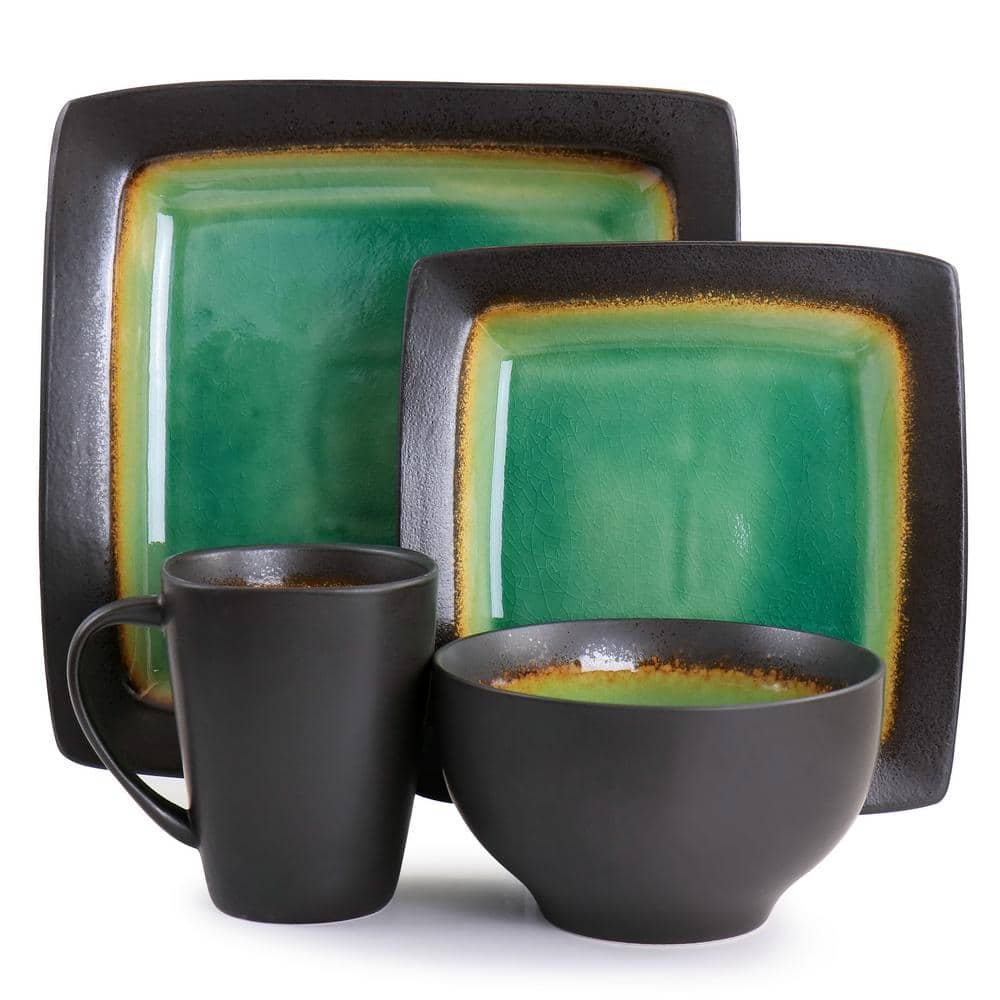 Green Floral Ceramic Square Dinnerware Set, Service for 4