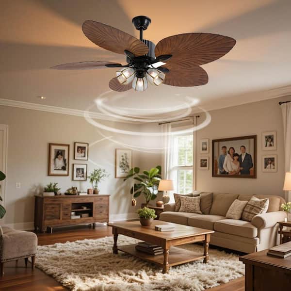 52 in. Indoor Black Modern Ceiling Fan with 5 Brown Tropical Palm Leaf Shaped Blades and Remote, No Bulbs Included